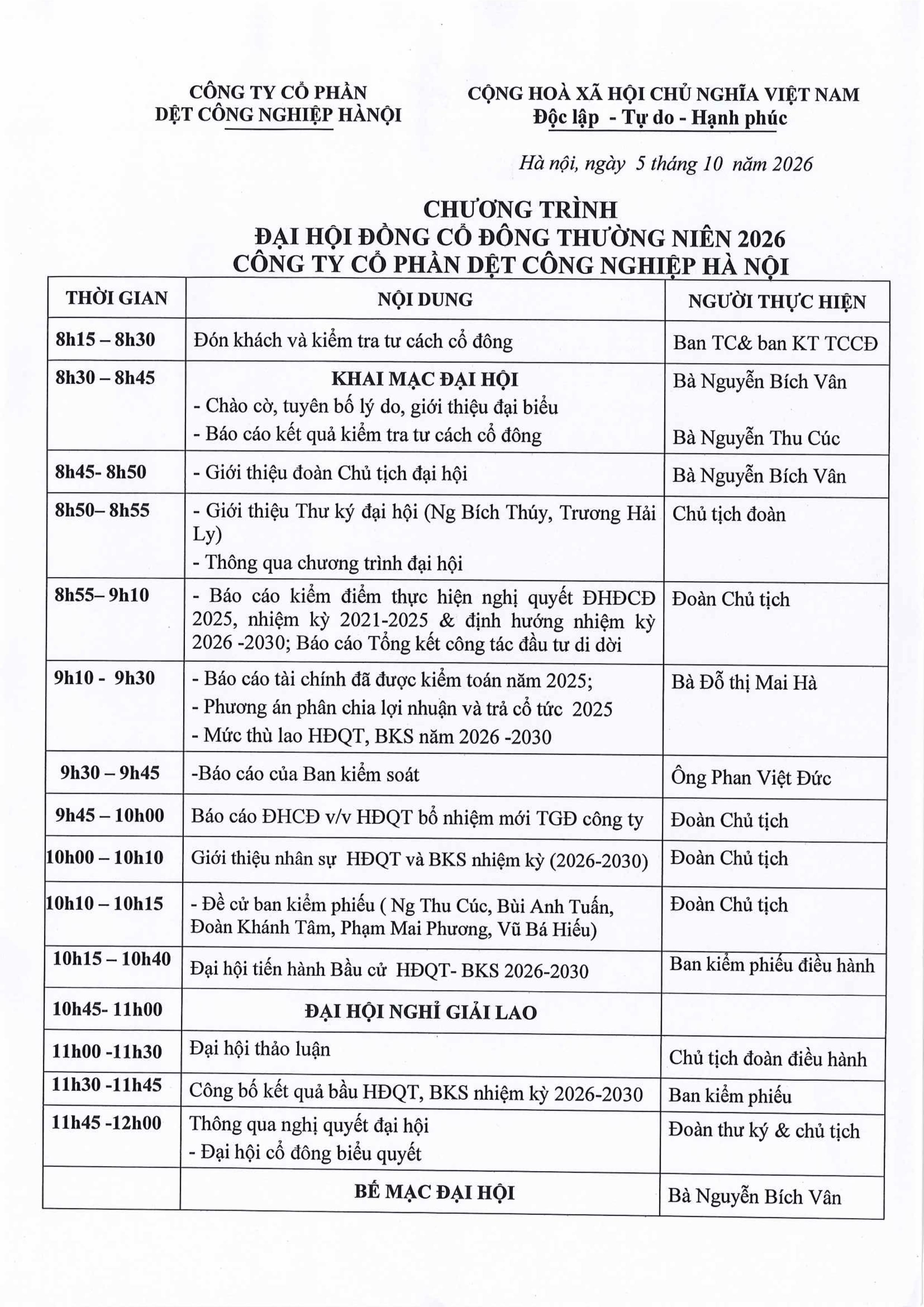Chương trình và Tài liệu Đại hội CĐ Thường niên 2026
